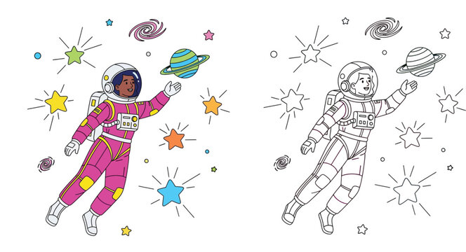 Cute female astronaut floating in space with stars and planets, vector illustration set showing colorful character and black and white outline for coloring book page or education.