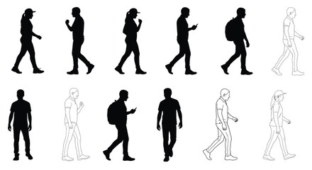 Obraz premium Diverse group of people walking in various poses depicted as black and white silhouettes