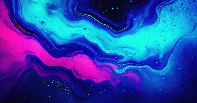 Abstract fluid art. Vibrant pink, blue hues swirl, creating marbled effect. Dark background enhances colorful patterns.