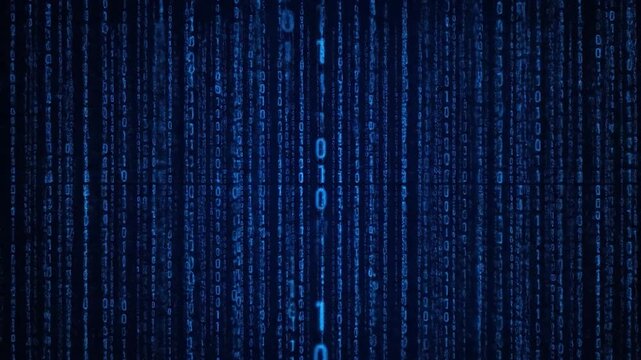 Binary code streams vertically down on a deep blue background with glowing elements