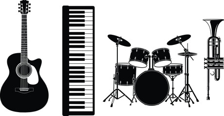 Musical Instruments Silhouettes Featuring Acoustic Guitar Piano Keyboard Drum Set and Trumpet Isolated on White Background Vector Illustration Collection © Rana