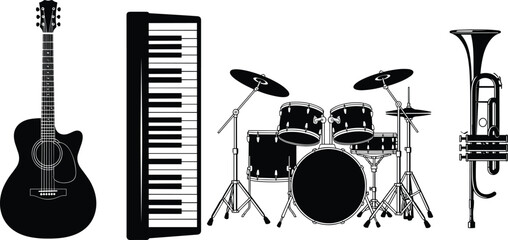 Musical Instruments Silhouettes Set with Acoustic Guitar Piano Keyboard Drum Kit and Trumpet Isolated on White Background Vector Illustration © Rana