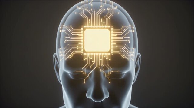 A human head visualized with a glowing microchip brain, blending warm gold and cool blue tones to represent artificial intelligence, cognition, and future technology.