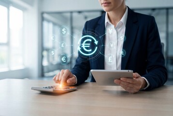 Fototapeta premium Businesswoman using calculator with holographic currency symbols