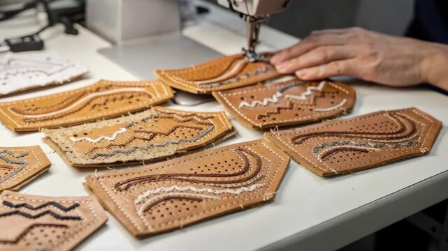 Medium shot capturing decorative stitching patterns on upper components showcasing creative flair in the shell assembly process.
