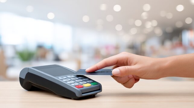 Hand holding a payment card near a card reader on a wooden counter in a retail environment with blurred background elements indicating a shopping area