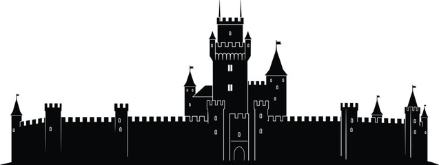 "Vector illustration of medieval castle silhouette with towers, turrets, battlements, fortified walls, arched entrance, fantasy black and white artwork" © Mashrafi Saba 