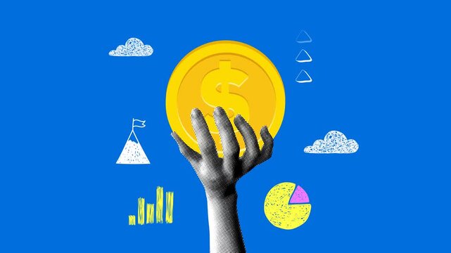 Hand picks up a dollar cent. Concept of financial success. Business charts and graphs. Financial power and leadership. Making money. Strong dollar. Rising exchange rates. Halftone collage animation