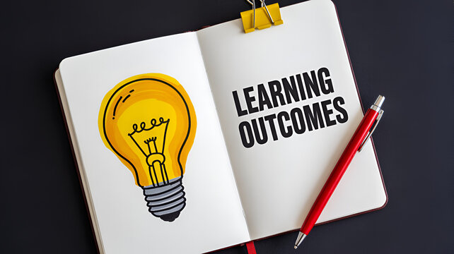 Learning outcomes concept with light bulb and notebook on dark background for education and ideas