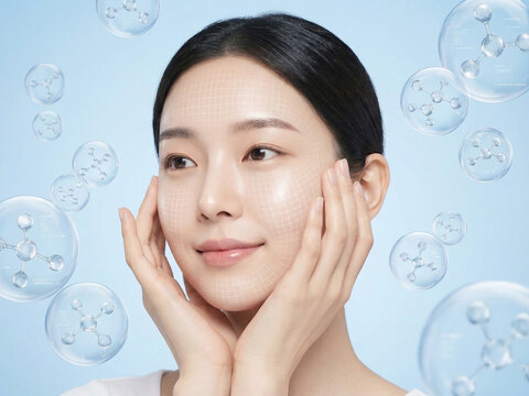 한국 여성이 스튜디오에서 세럼을 바르는 장면, Korean woman applying serum in studio