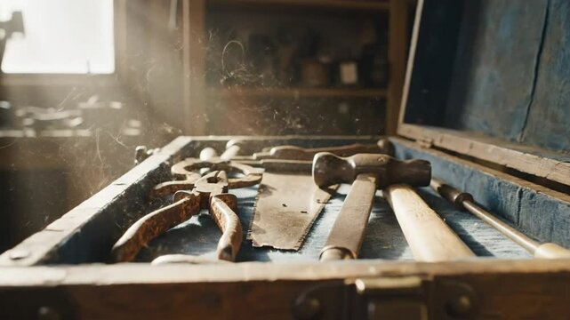 Antique toolbox filled with old tools in a dusty, dimly lit workshop with sunlit window