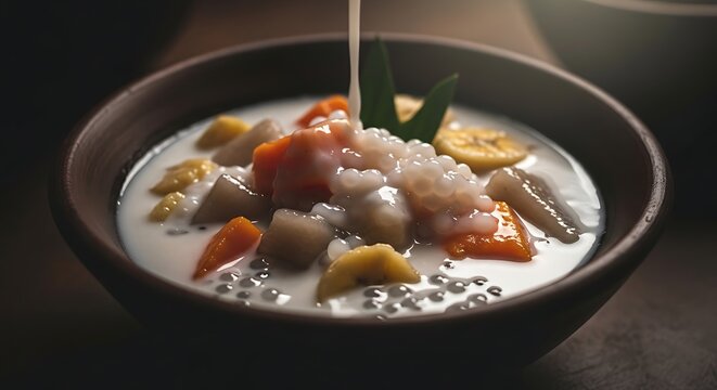 Creamy Coconut Milk Dessert with Tropical Fruits and Sago Pearls.