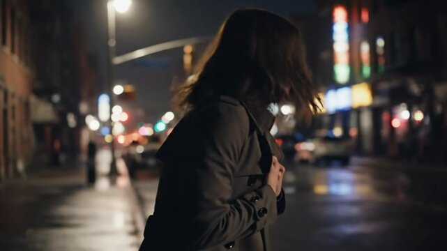 Woman Running in Fear Through City Street at Night, Dramatic Escape Scene with Emotional Expression