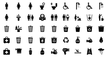 Restroom, hygiene & sanitation icon set – public toilet, cleaning and waste symbols
