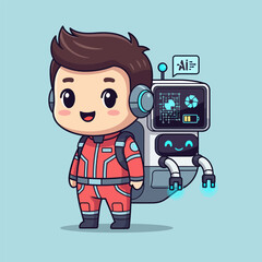 Cute astronaut with AI backpack smiling in futuristic space suit
