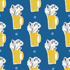 Seamless Pattern with Hand Drawn Yellow vase with  Flowers on Blue Background