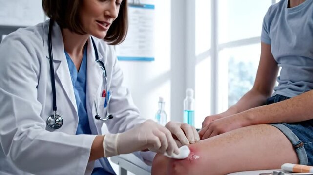 Doctor cleaning a scraped knee, providing care and reassurance to a young patient in a medical examination room