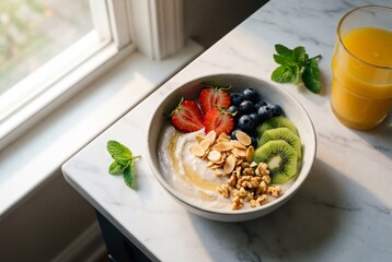 Healthy vegan breakfast bowl with fruit and nuts