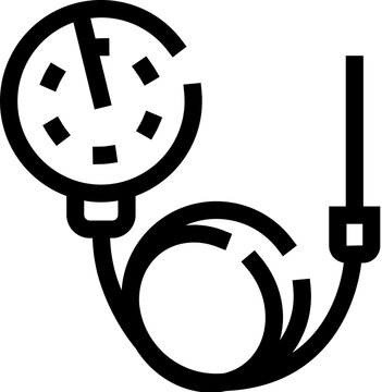 Sphygmomanometer showing a pressure gauge connected by a tube to an inflatable cuff, representing a tool for measuring blood pressure in healthcare and medical diagnostic contexts
