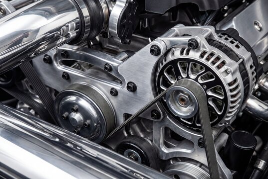 Detailed view of modern car engine alternator and belt system