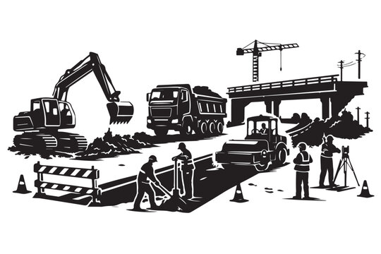 Road construction silhouette infrastructure development scene