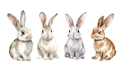Fototapeta premium Three watercolor painted rabbits sitting side by side on white background, pastel tones, cute realistic illustration, each rabbit different color (brown, gray, white)