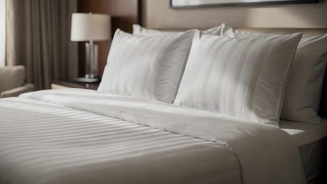 Medium shot showcasing hospitality bedding with subtle tonal stripes adding a touch of sophisticated design and elegance to upscale hotel rooms.