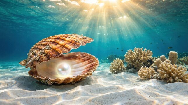 Open clam shell with white pearl resting on ocean floor under turquoise water and sunbeams