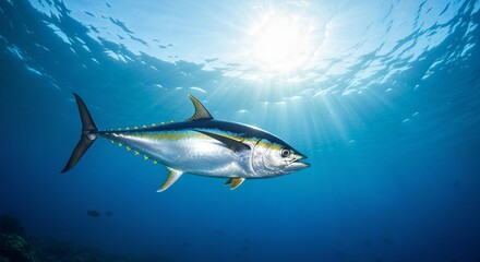 Fototapeta premium Breathtaking Image of a Majestic Yellowfin Tuna Swimming Gracefully in Crystal Clear Tropical Waters