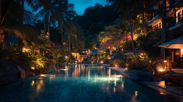 Peaceful Poolside Lounge at a Luxury Villa by Night / 夜の高級ヴィラの穏やかなプールサイド・ラウンジ