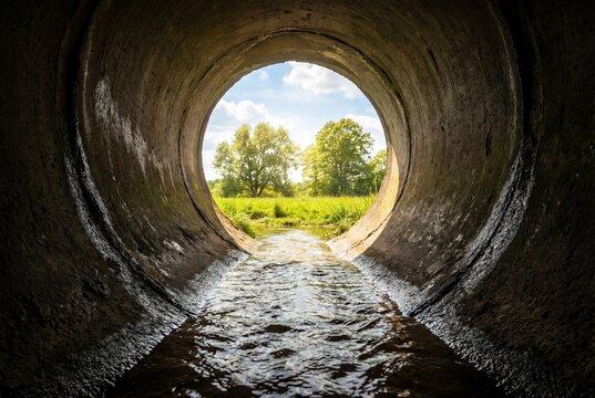 View from inside dark concrete sewer pipe looking out to bright meadow