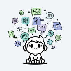 Cartoon character surrounded by digital communication icons