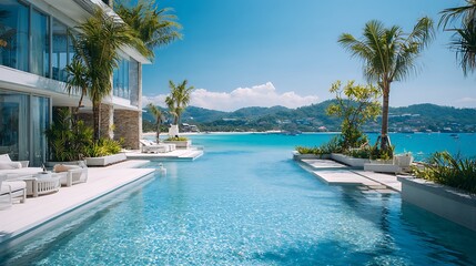 Fototapeta premium Luxury Villa Infinity Pool with Palm Trees / 椰子の木がある高級ヴィラのインフィニティプール