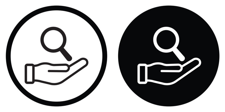 Modern linear icon showing a hand holding a magnifying glass. Ideal for concepts of search, analysis, transparency, recruitment, inspection, and finding solutions.