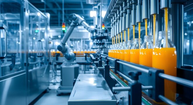 Automated Beverage Production: Industrial robot arm filling glass bottles with orange juice on conveyor, smart factory, food industry, manufacturing technology and mass production concept