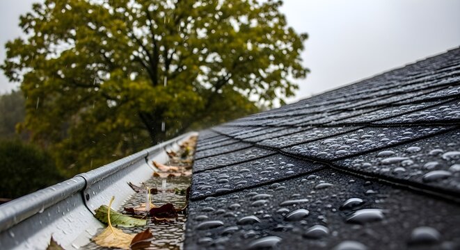 Home Gutter Maintenance: Rainwater flowing through metal gutter on shingle roof with autumn leaves, house drainage system, residential property care, weather protection and plumbing concept