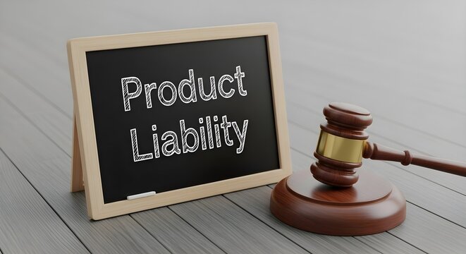 Product Liability Law: Wooden gavel and blackboard with product liability text on office desk, legal courtroom justice, consumer rights, business regulation and litigation concept