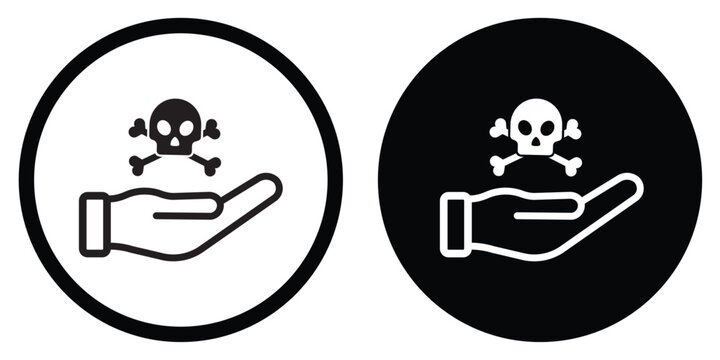 Warning icon of a hand holding a skull and crossbones symbol. Conceptualizes danger, toxic hazards, risk management, death, and poison alerts in a clean vector style.