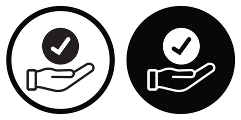 Professional vector icon of a human hand holding a checkmark circle. Symbolizes approval, verified service, quality assurance, and completed tasks in outline and solid styles. © bibin