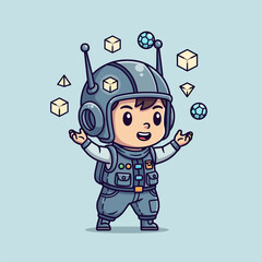 Curious astronaut kid exploring space with cubes and spheres