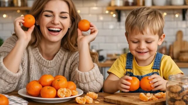 Woman and child play with fresh mandarins at kitchen table, creating joyful family moment. Fruit and cheerful home scenes promote healthy snack, fruit choices, and healthy lifestyle for children