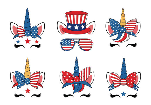 Patriotic Unicorn 4th of July Clipart Set &ndash; Cute Red White Blue Independence Day Vector