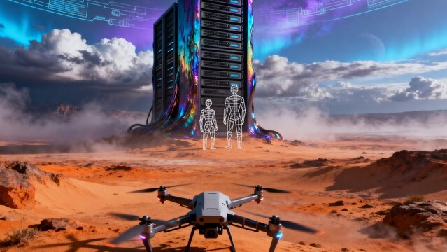 A drone hovers over a desert planet near a towering server rack and humanoid figures.