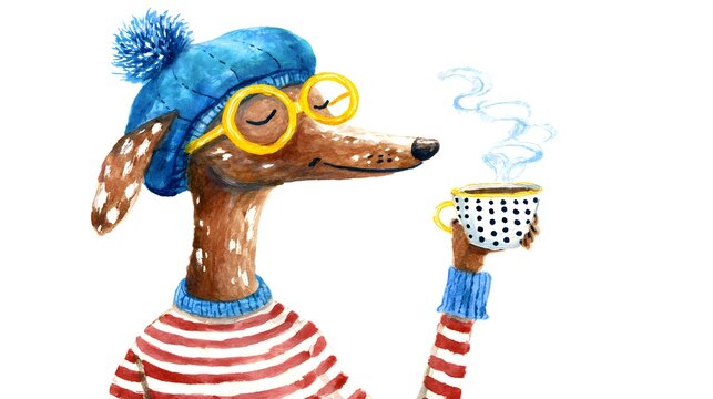 Dachshund Dog in Beret and Glasses Drinking Coffee. Cute Watercolor Illustration of a French dog in berette .