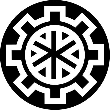 Perun wheel, bold black and white slavic pagan symbol of thunder and sun, geometric protective emblem in clean graphic icon style, suitable for tattoo or vector use