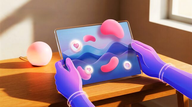 Emotional connection through technology, with glowing hands interacting with a tablet displaying heart-shaped visuals, symbolizing love, empathy, and digital intimacy in a modern, vibrant setting.