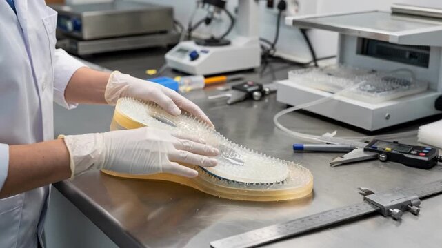 Gel insole fabrication focused on ergonomic design capturing technicians molding flexible shockabsorbing layers with silicone materials and specialized equipment.