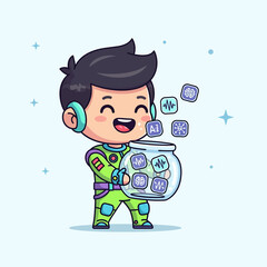Cartoon astronaut collecting AI brain data in jar