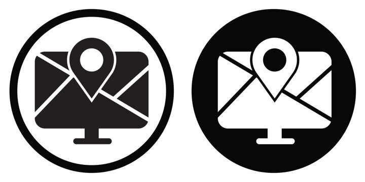 Vector icon of a computer monitor displaying a map and location pin. Concept for digital tracking, GPS navigation, and online delivery status. High-contrast black and white graphic. (189 chars)
