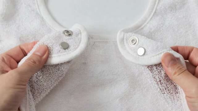 Tailored baby bib assembly featuring snap closures on soft doublelayer terry cloth focusing on secure attachment and neat finishing.